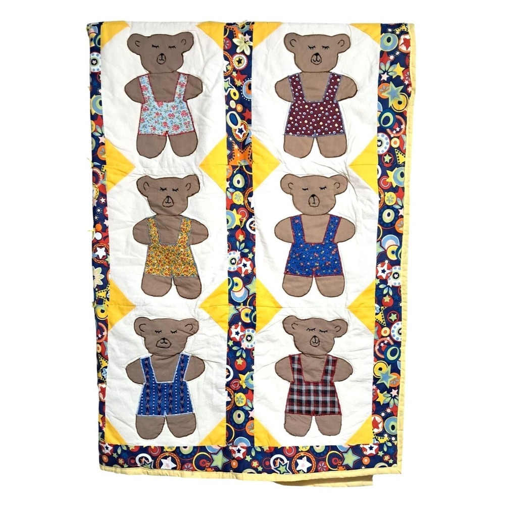 Vintage Handmade Teddy Bear Quilt Applique Design Cotton Fabric Multi-Color Patt